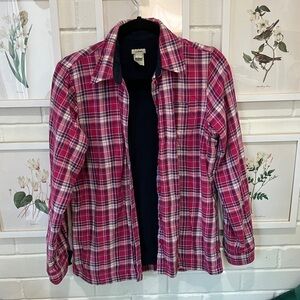 L.L. Bean women’s scotch flannel pink and navy fleece lined shirt jacket